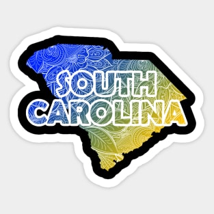 Colorful mandala art map of South Carolina with text in blue and yellow Sticker